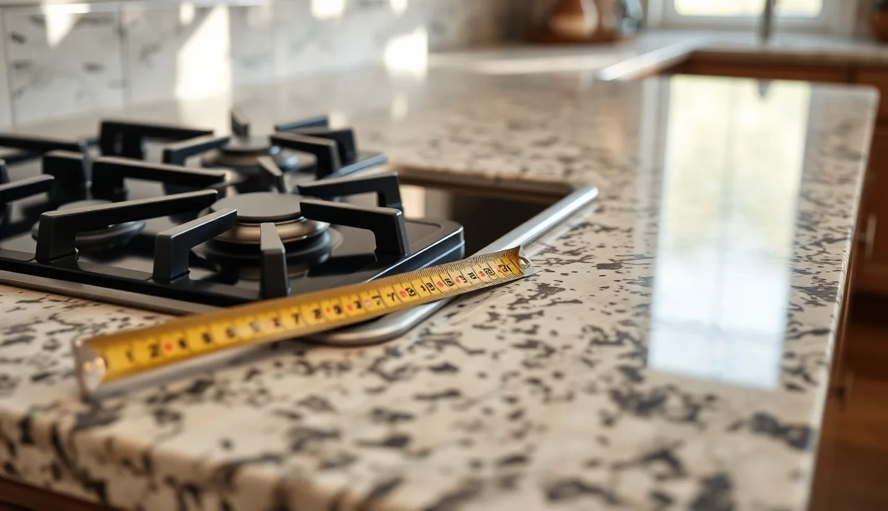 Tape measure on granite countertop next to a gas cooktop cutout showing minimum stone strip