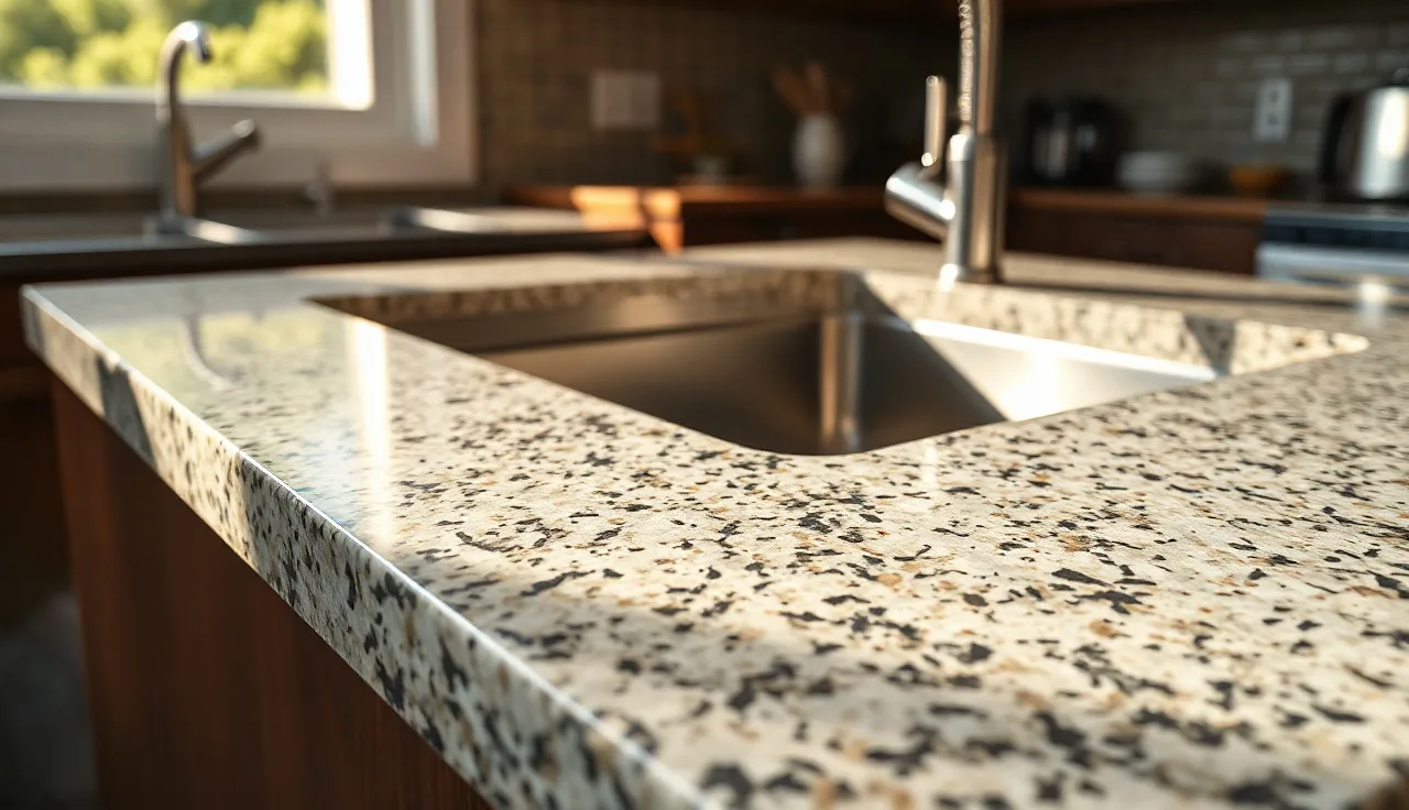 Granite countertop edge above an undermount sink showing stone thickness