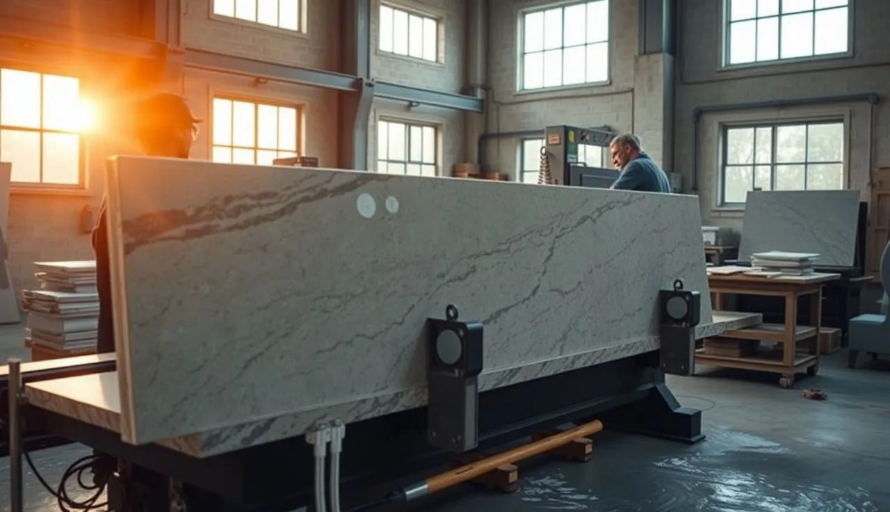 Fabricator overseeing a CNC bridge saw cutting a large granite island countertop slab