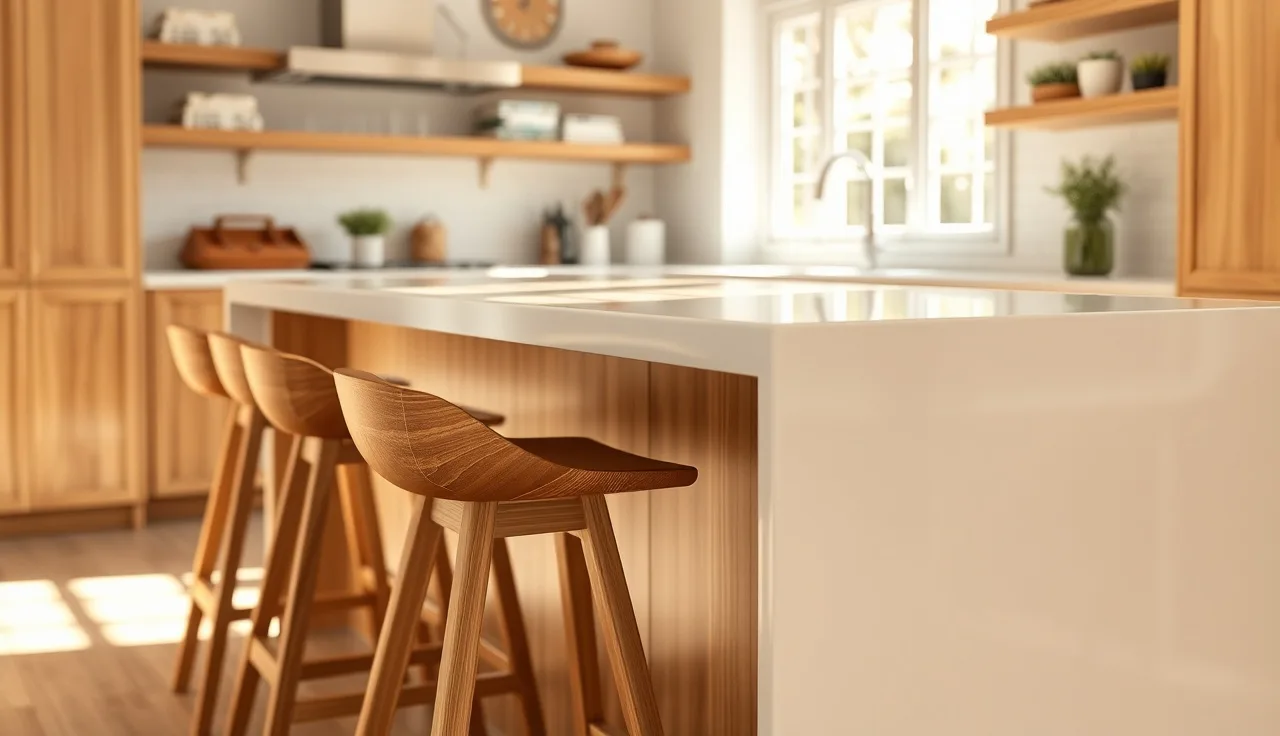 Kitchen island with white quartz countertop showing seating overhang above wood bar stools