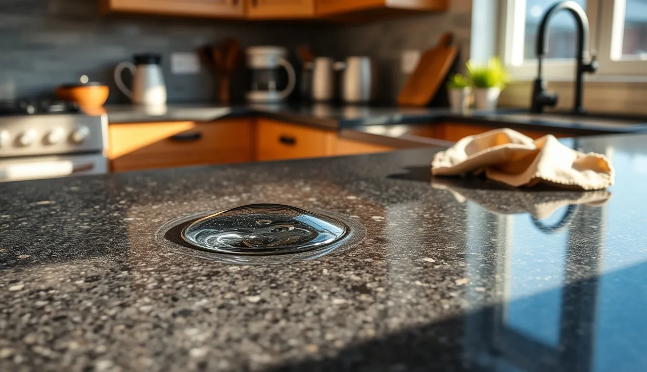 Water beading on sealed dark granite countertop in a kitchen