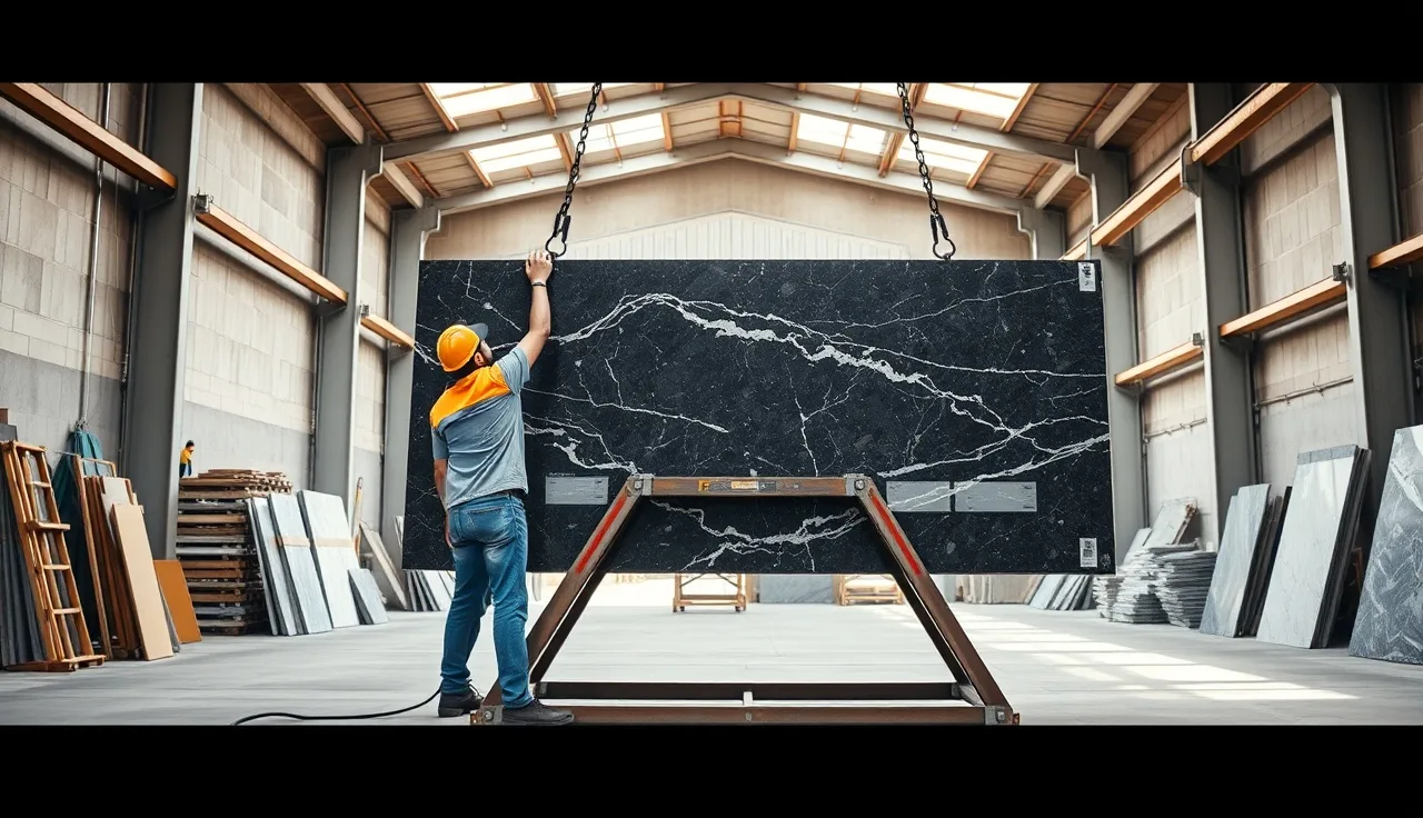 Workers using suction lifters to move a heavy granite slab in a stone warehouse
