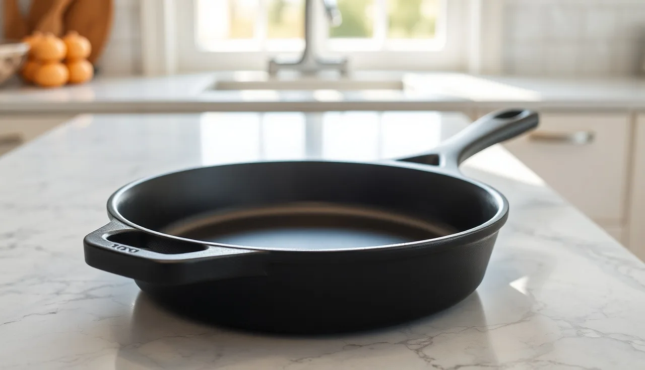 Cast-iron skillet resting on a grey marble countertop in kitchen morning light