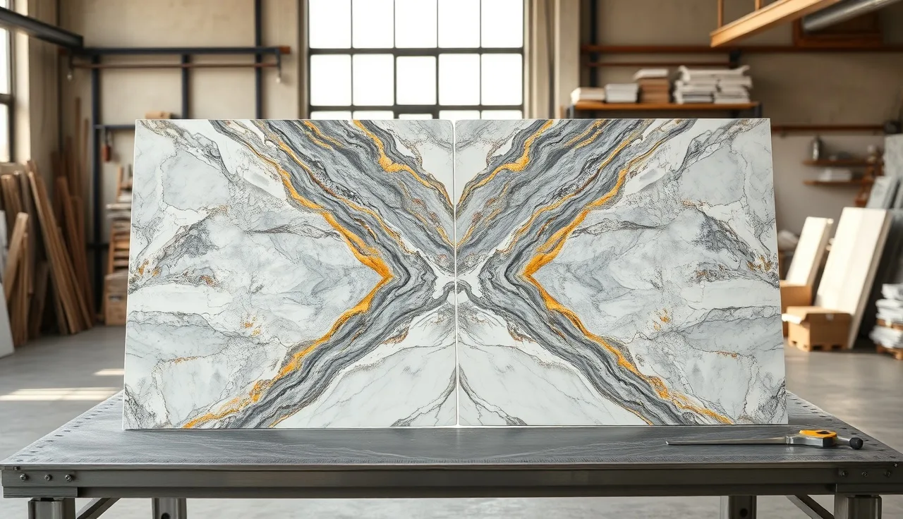 Two marble slabs book-matched on a fabrication shop layout table showing aligned veins
