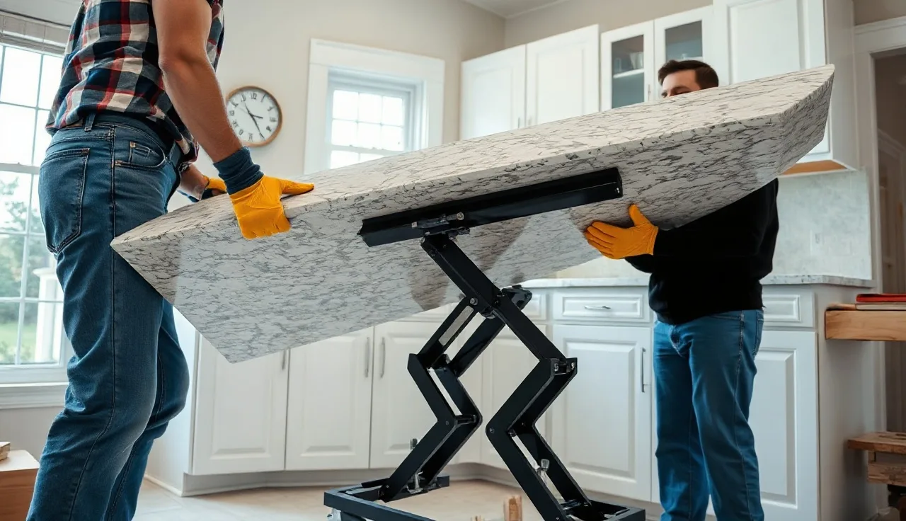 Two installers using a vacuum lifter to set a granite countertop section onto cabinets