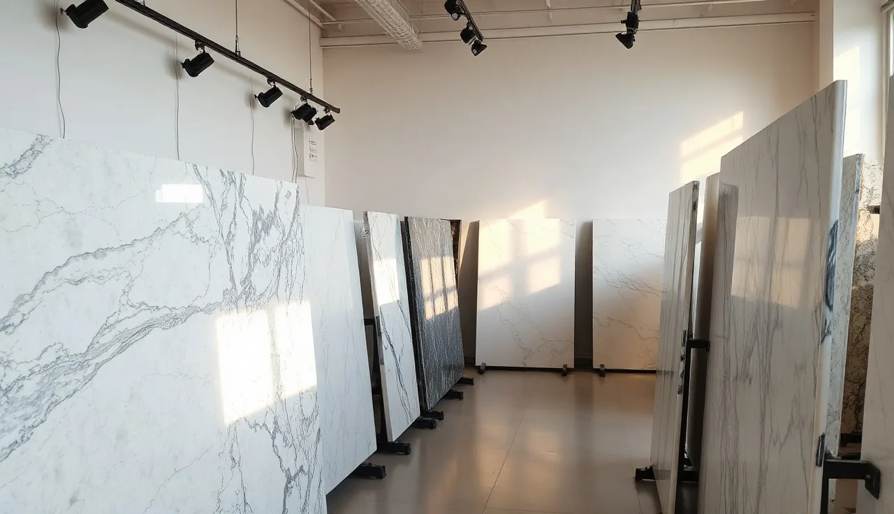 Stone slab showroom with track lighting illuminating granite and marble slabs