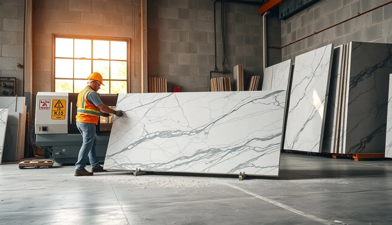 Stone fabricator guiding a granite slab through a CNC bridge saw in a workshop