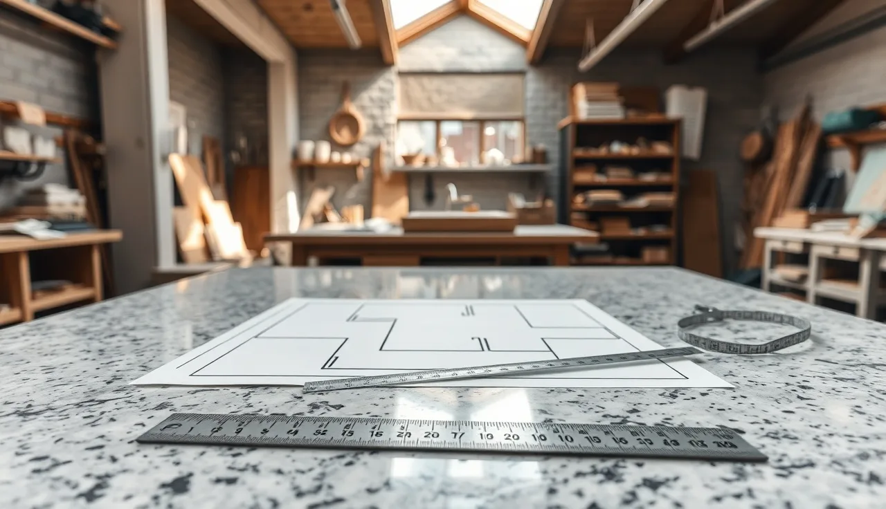 Stone fabricator's workbench with measurement sketch and tape measure on granite slab