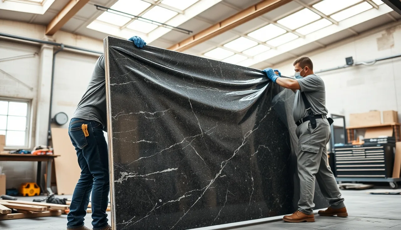 Workers wrapping a granite countertop slab in a moving blanket for delivery