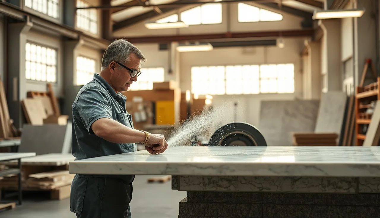 Worker cutting engineered quartz slab at wet bridge saw in fabrication shop