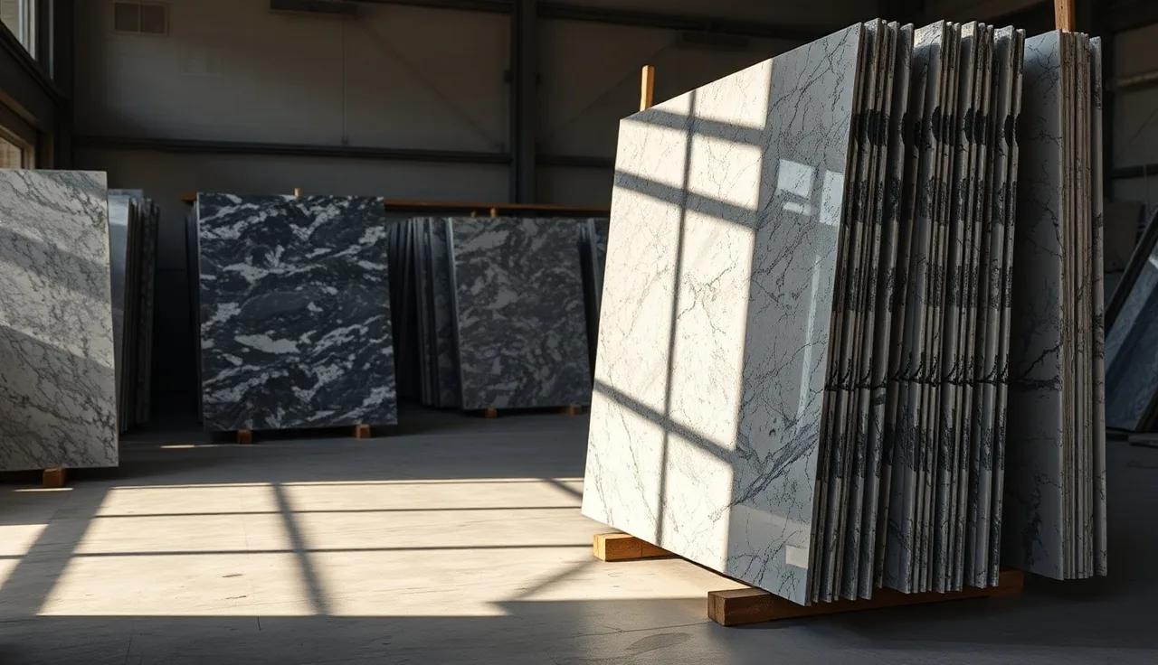 Polished granite slabs stored upright in a fabrication shop with bridge saw