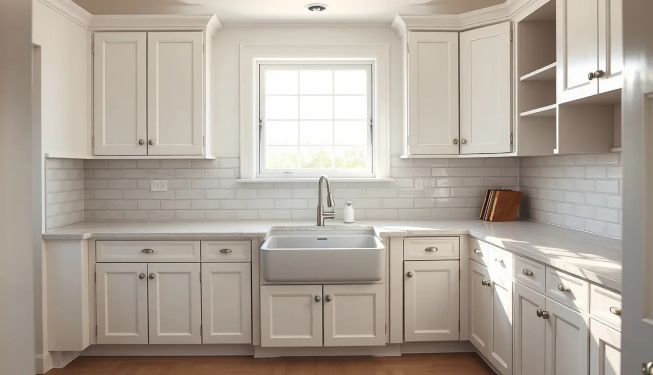Bright kitchen with white cabinets and bare countertops awaiting stone installation