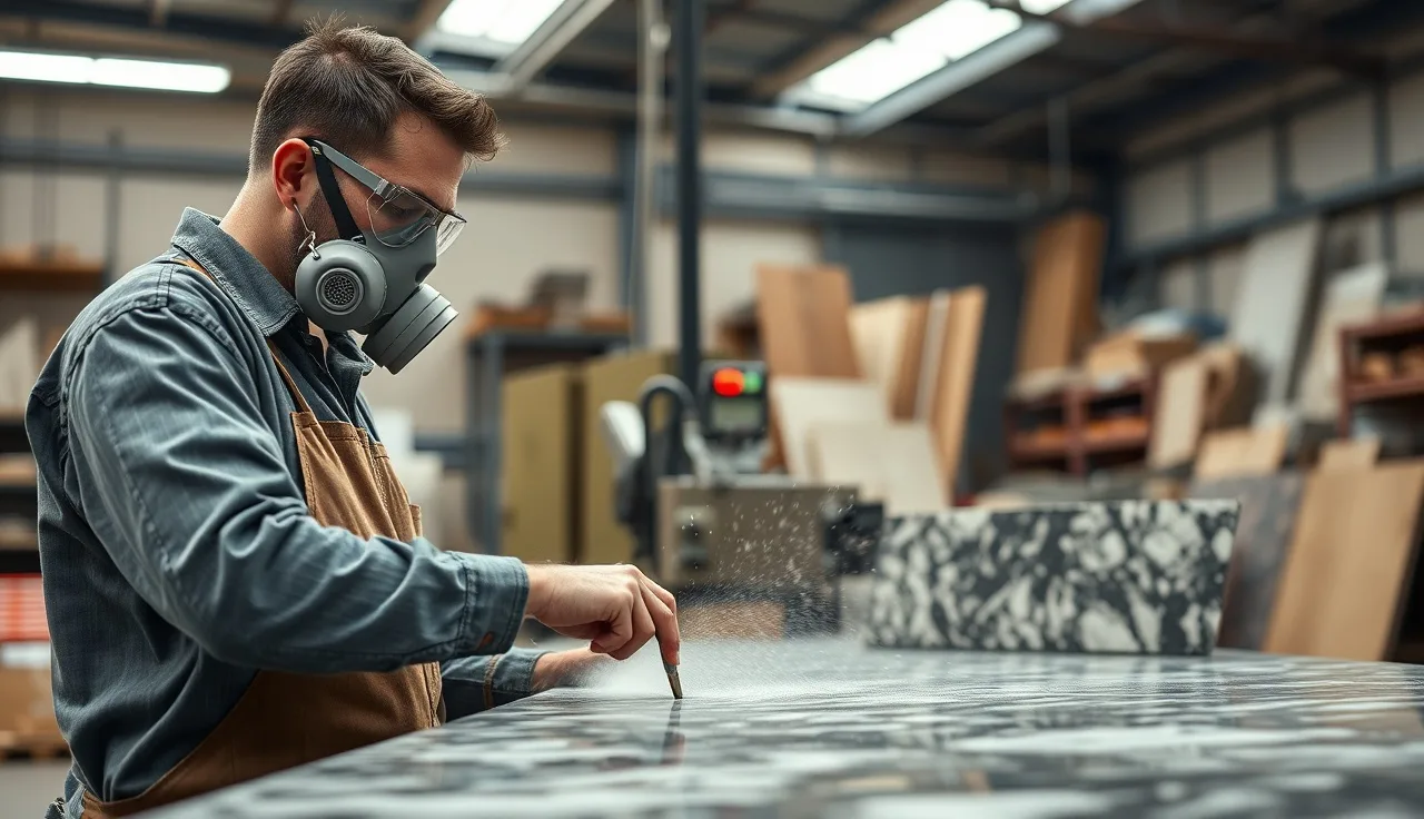 Stone fabricator wearing respirator and goggles operating a wet bridge saw on a granite slab