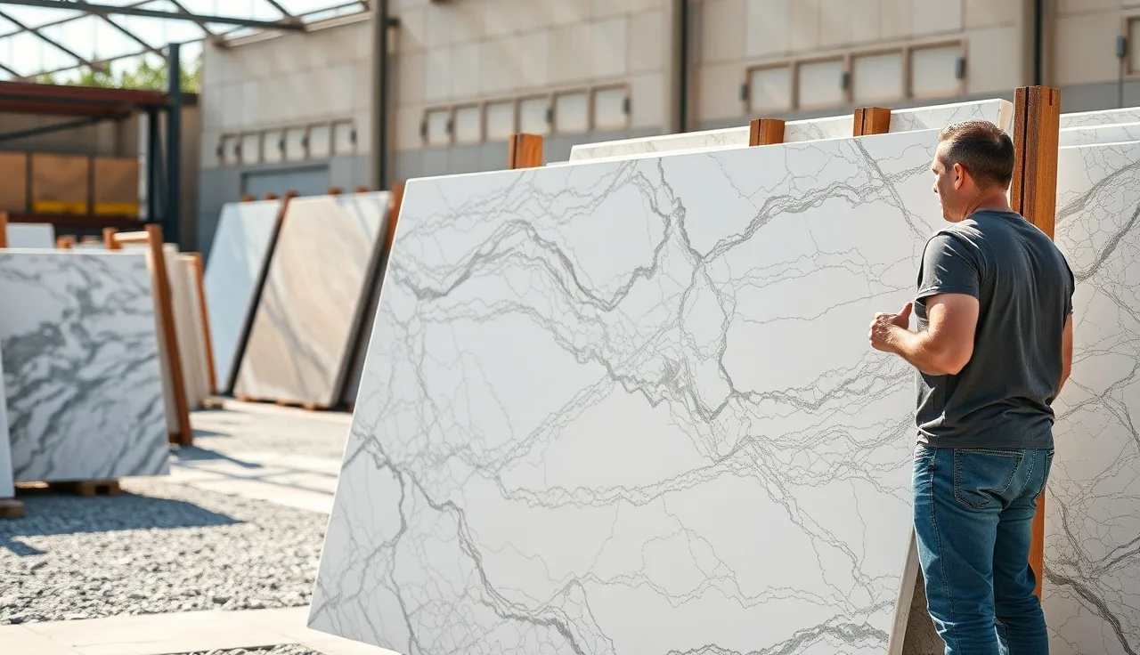 Homeowner and fabricator examining stone countertop slabs in a showroom yard