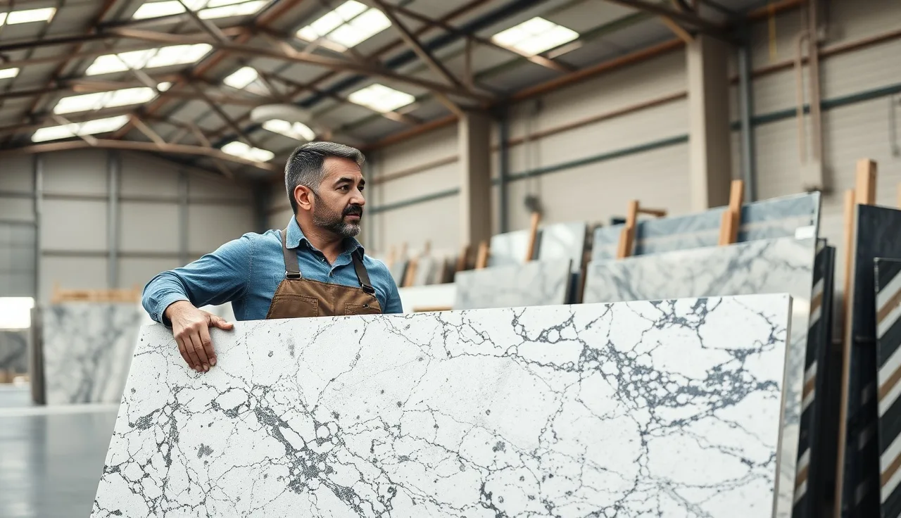 Fabricator and homeowner reviewing a granite slab inside a countertop shop