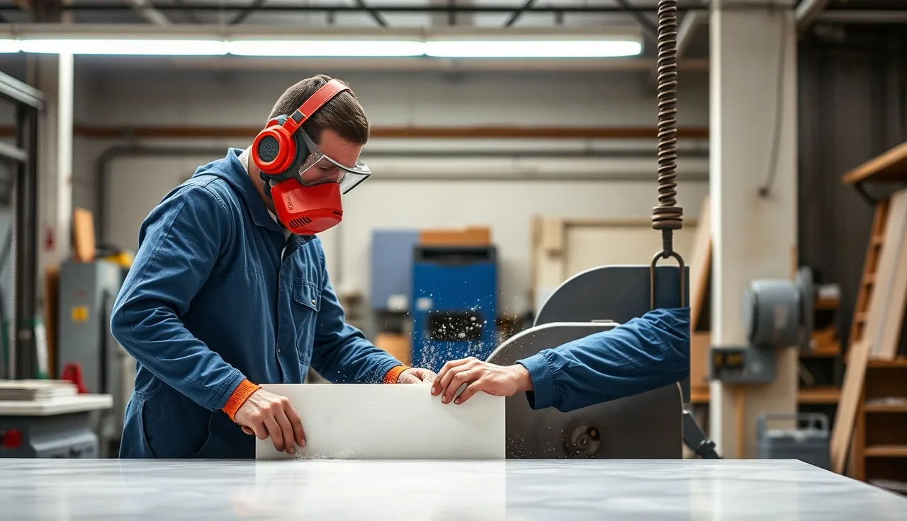 Fabricator wearing a P100 respirator cutting quartz countertop slab on wet bridge saw