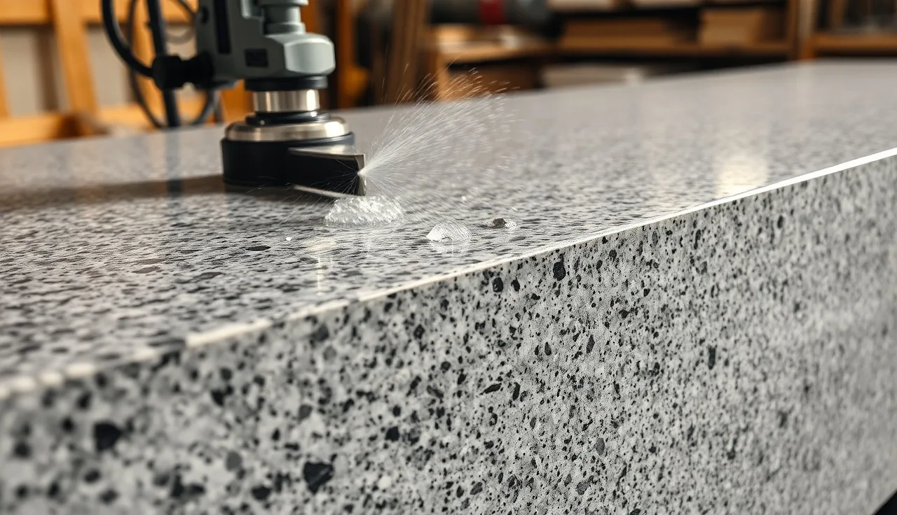 Wet diamond router bit profiling a bullnose edge on a granite countertop slab