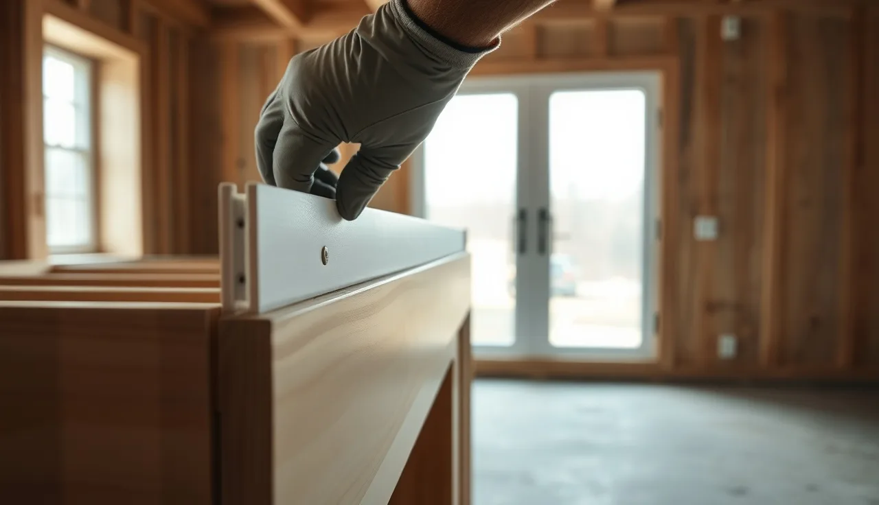 Fabricator placing plastic shims on unlevel cabinet top rails before countertop installation