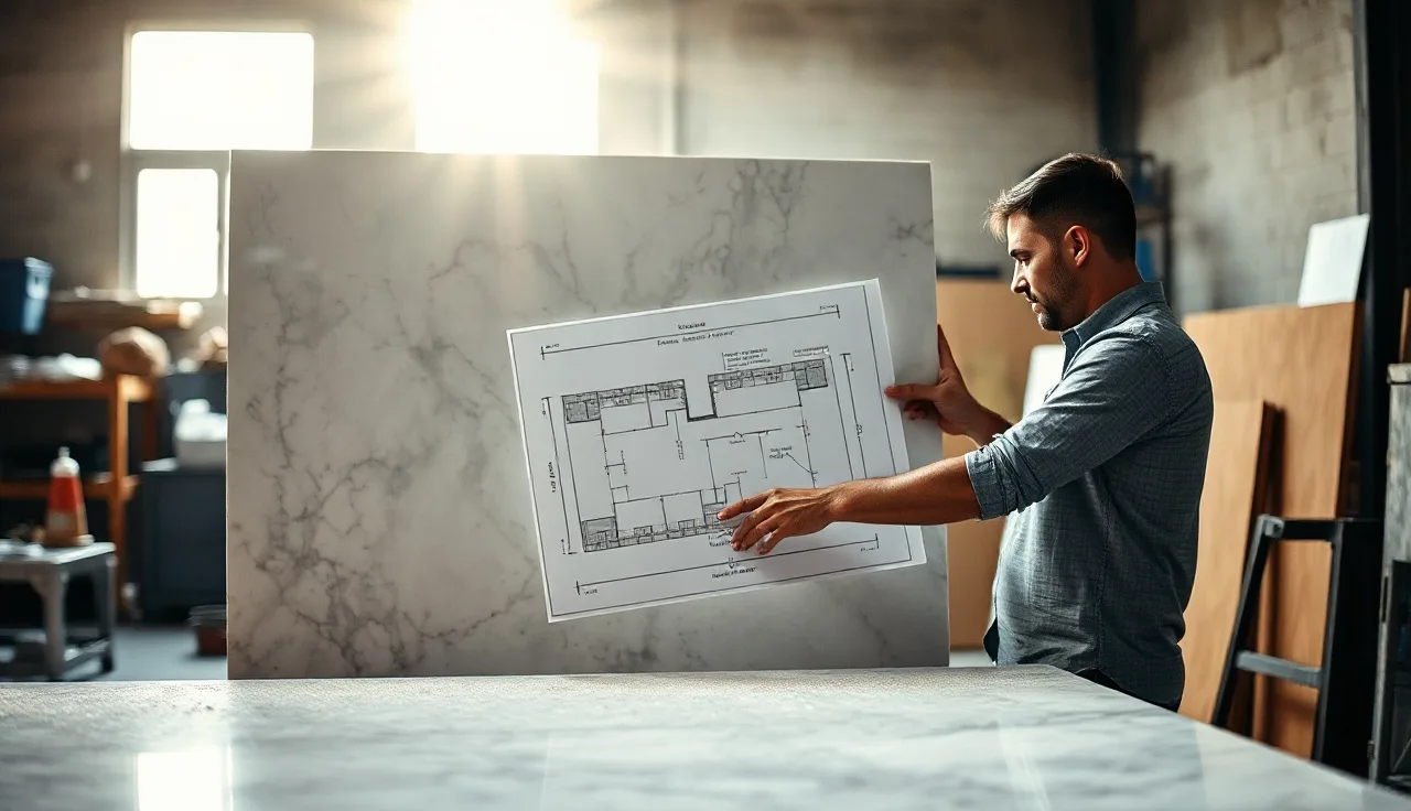 Fabricator reviewing countertop measurement diagram beside polished quartz slab on worktable