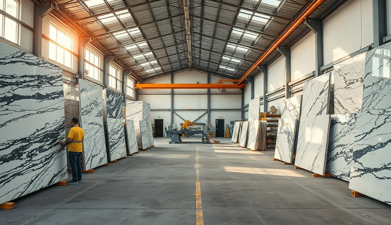 Interior of a large countertop fabrication shop with granite slabs and bridge saw