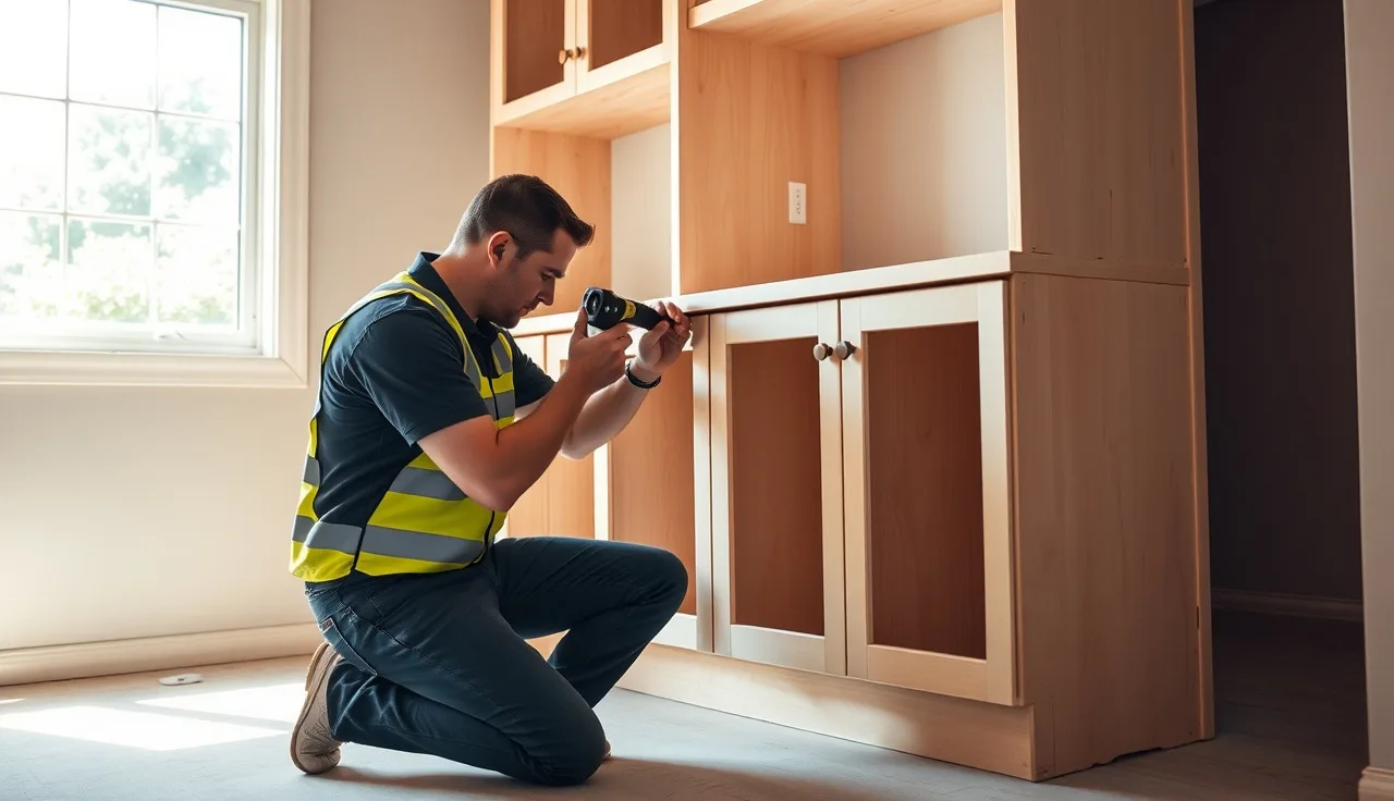 Template technician measuring a kitchen cabinet corner with a digital angle finder