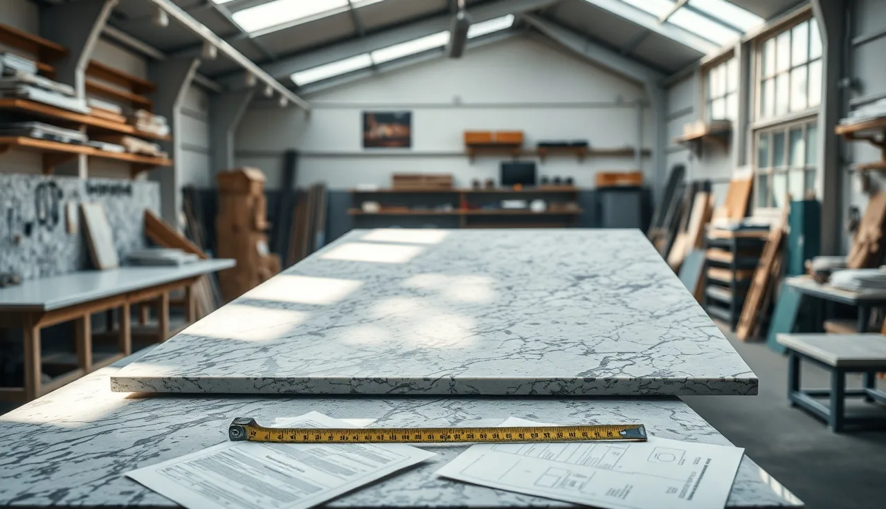 Granite slab on a fabrication shop worktable with measuring tools in foreground