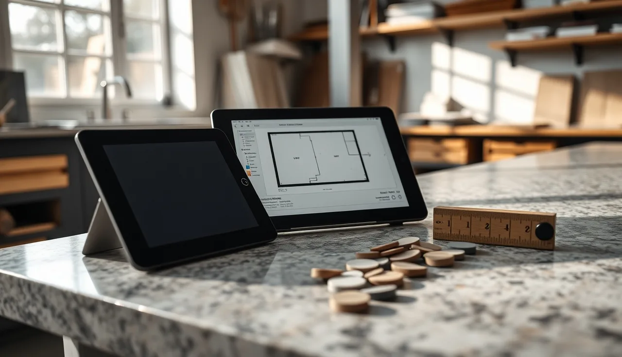 Tablet showing countertop takeoff layout on a fabrication shop workbench