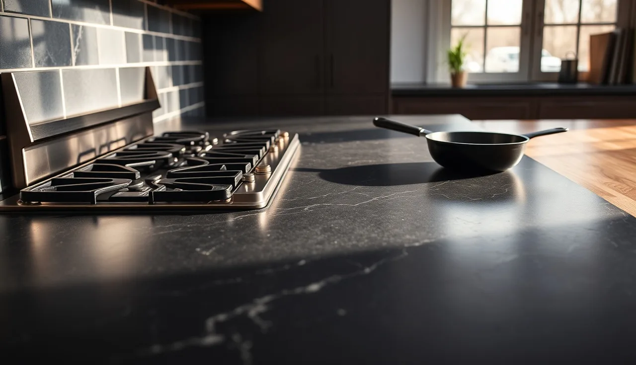 Dark soapstone countertop beside a gas range with burners lit