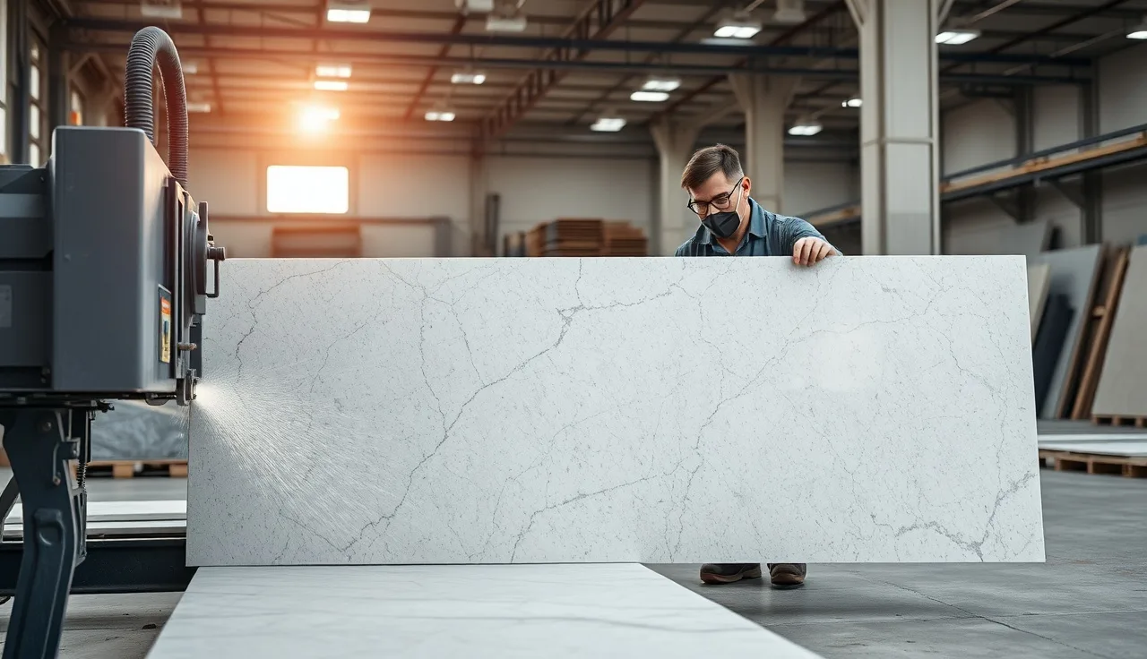 Worker cutting a gray quartz slab on a wet bridge saw in a stone fabrication shop