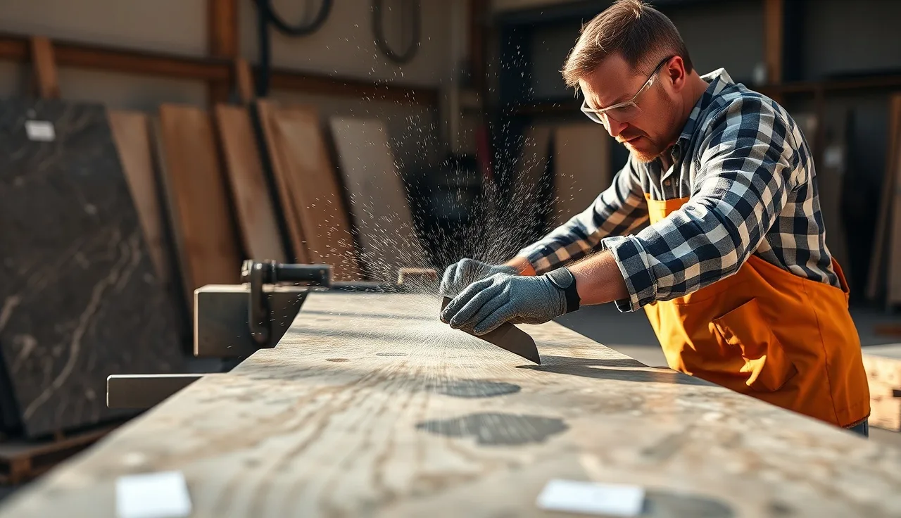 Fabricator cutting a quartzite slab with a wet diamond blade on a bridge saw