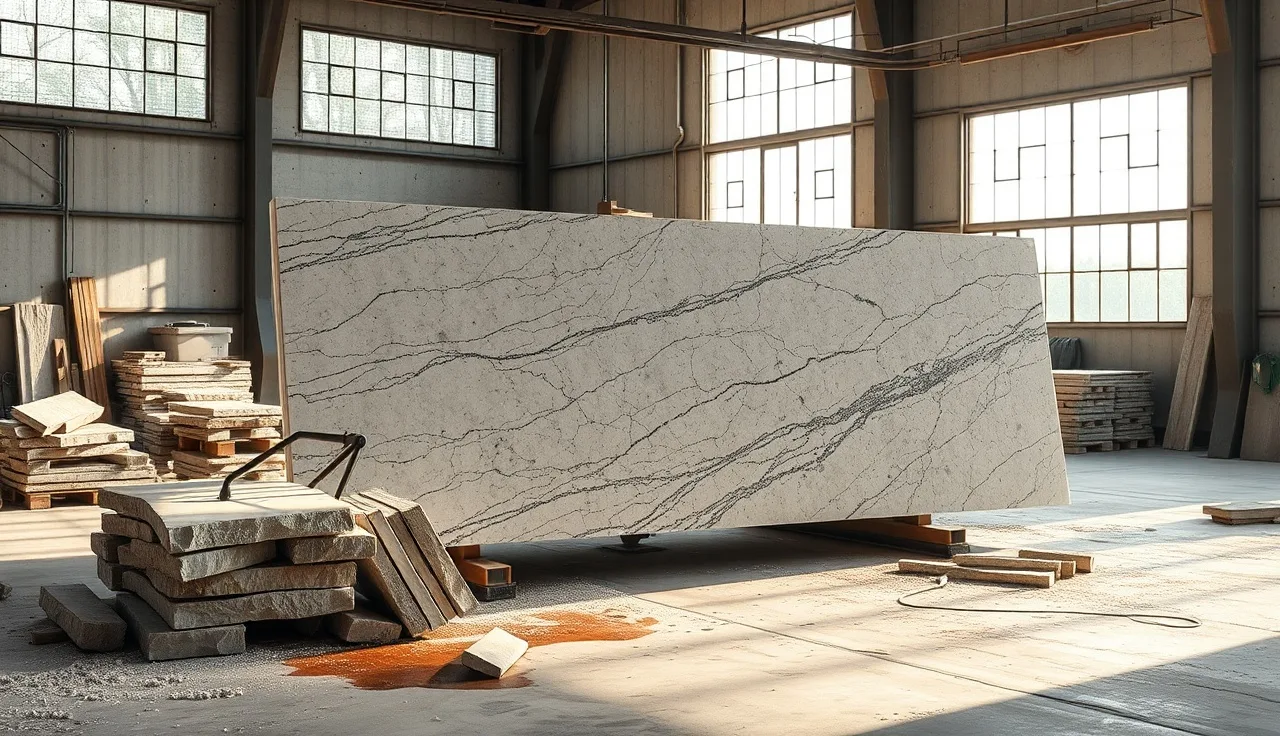 Granite slab on fabrication shop waterjet table with stone offcuts nearby
