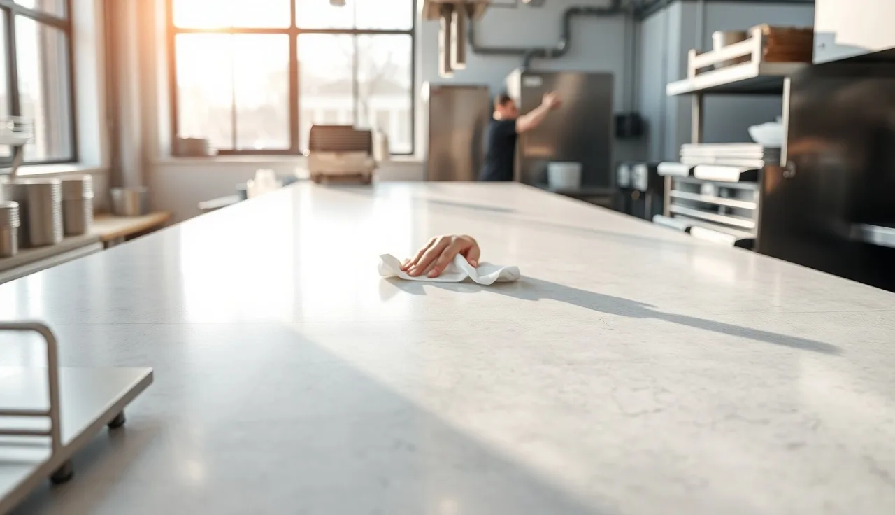 Polished stone prep counter in a commercial kitchen with stainless steel equipment behind it