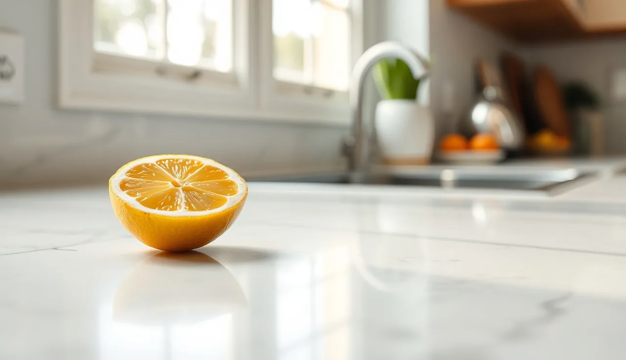 Polished marble countertop with a lemon half and a visible etch ring in afternoon light