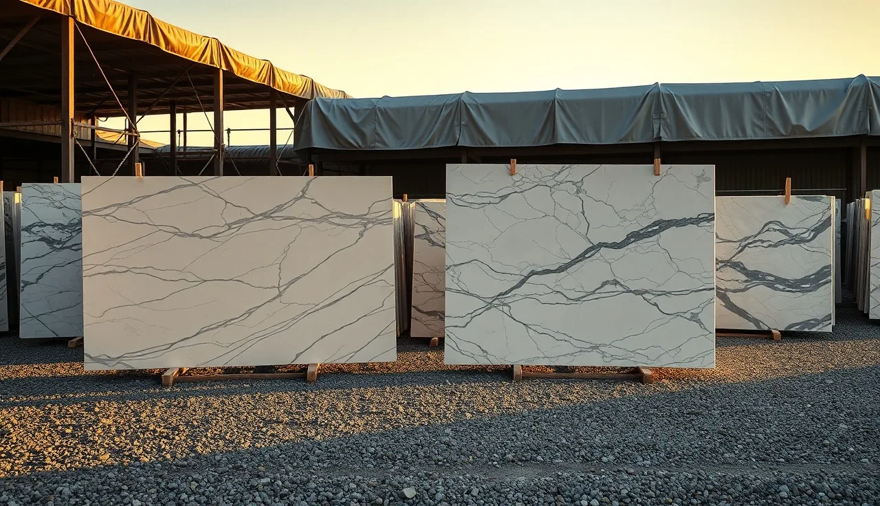 Granite and marble slabs on A-frame racks covered with silver poly tarps in an outdoor fabrication yard
