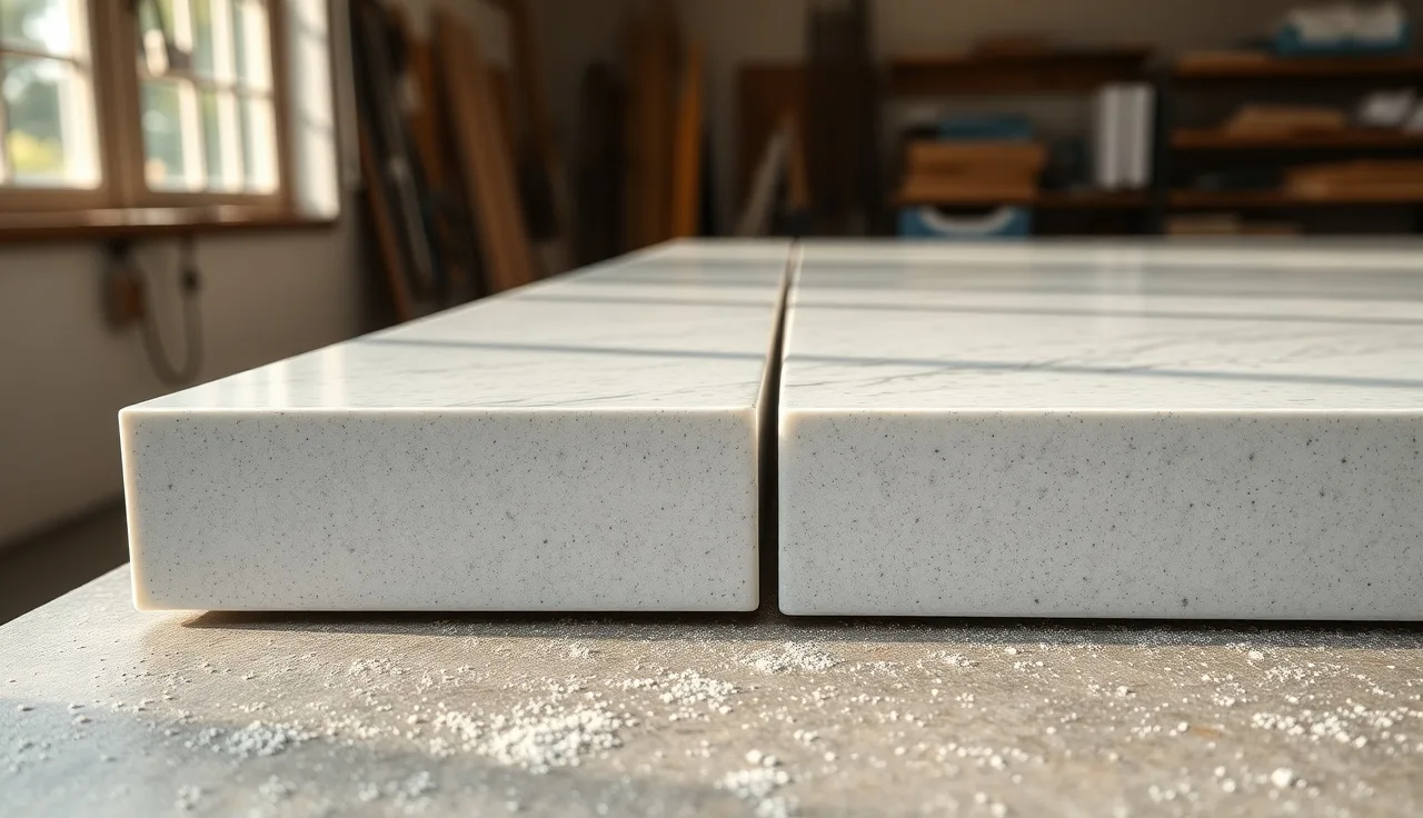 Two quartz slab edge profiles showing 2cm and 3cm thickness side by side on a fabrication workbench