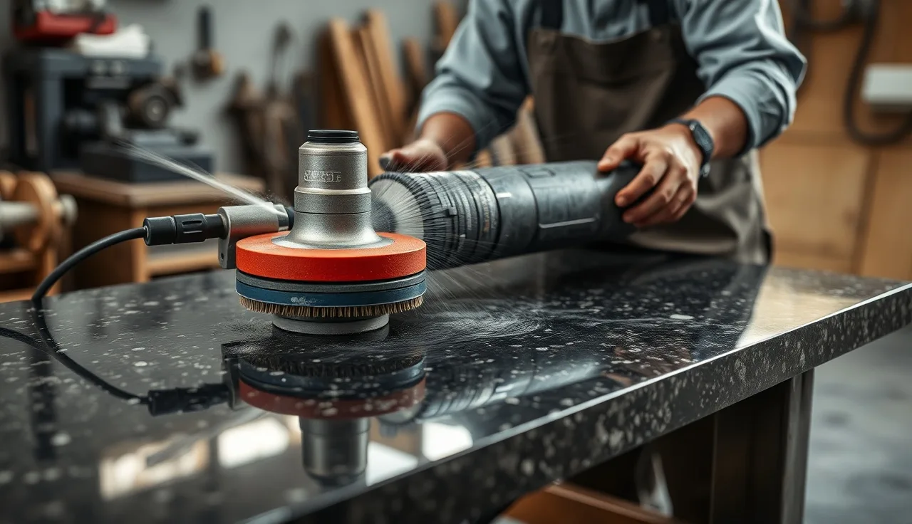 Fabricator using wet diamond brush machine to leather a dark granite slab