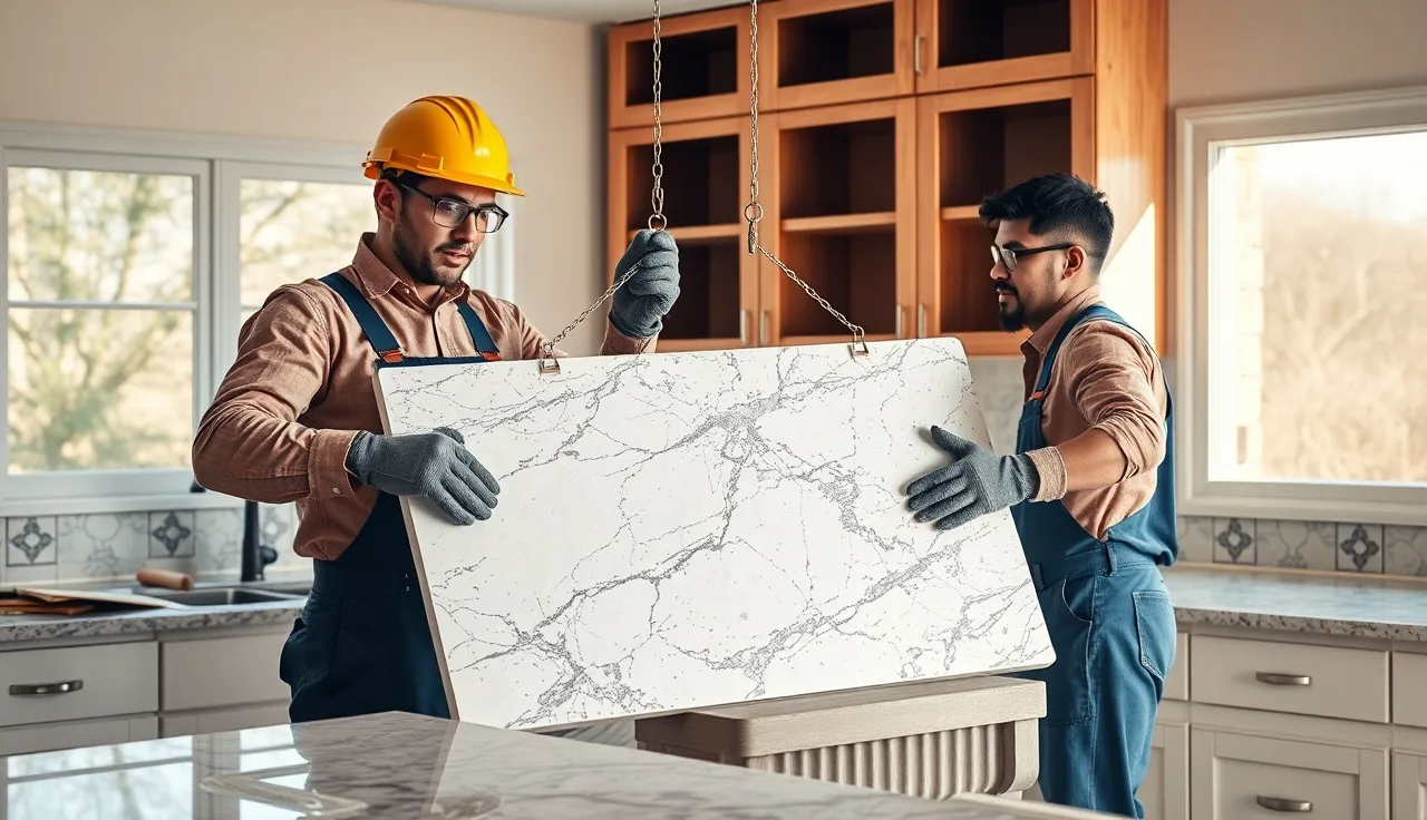 Two workers using suction cup handles to lift a granite countertop off kitchen cabinets