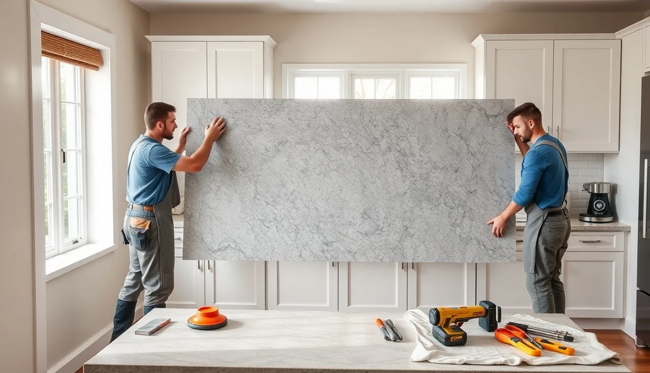Two countertop installers lifting a granite slab with suction cups in a kitchen