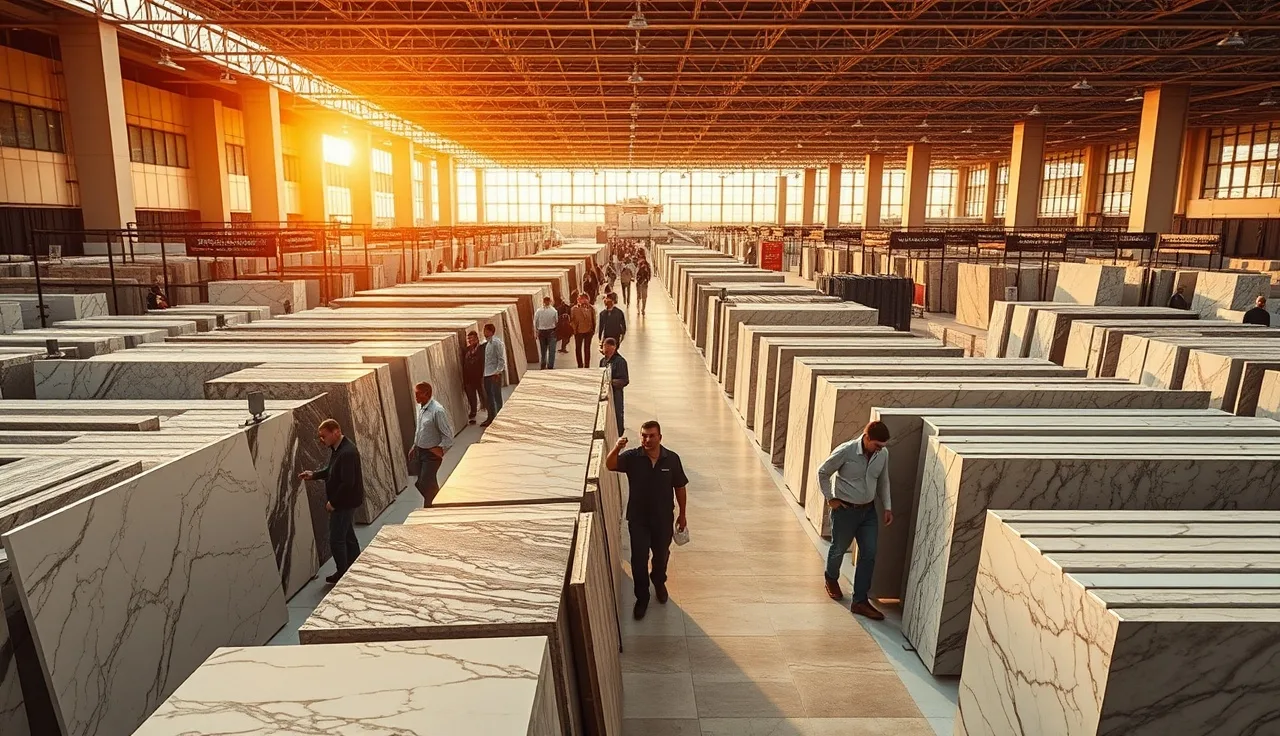 Fabricators examining stone slabs on a busy countertop trade show floor