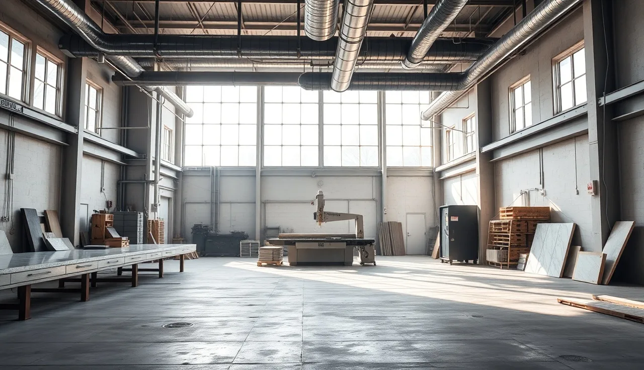 Stone fabrication shop interior showing ceiling exhaust ductwork above a bridge saw