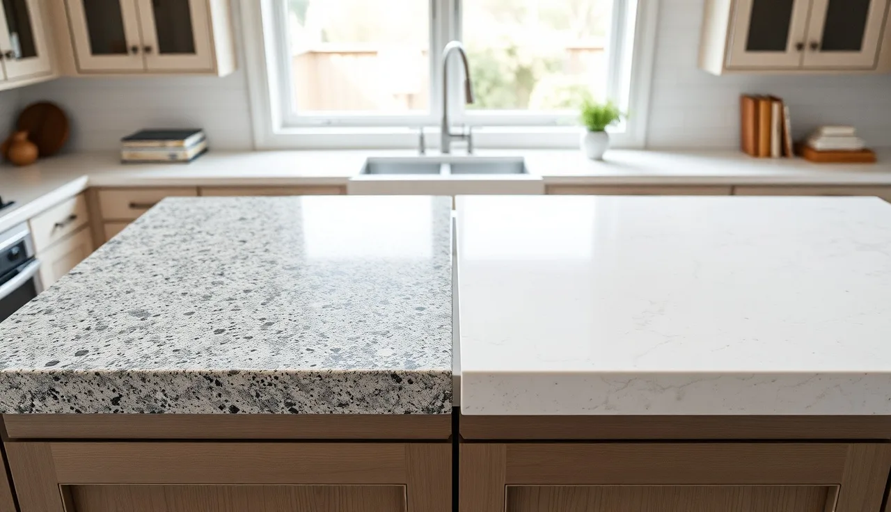 Two countertop stone samples side by side on a kitchen island in morning light