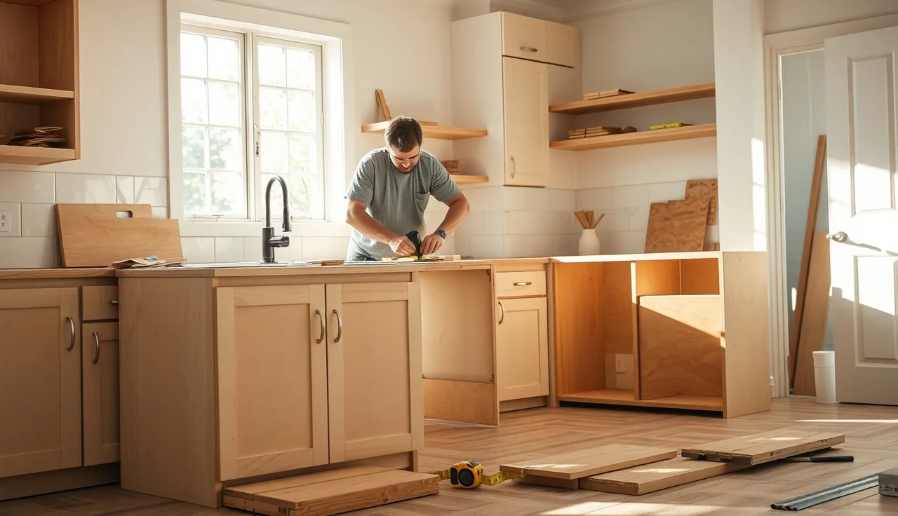 Fabricator screwing plywood subtop to kitchen cabinet boxes before stone countertop installation