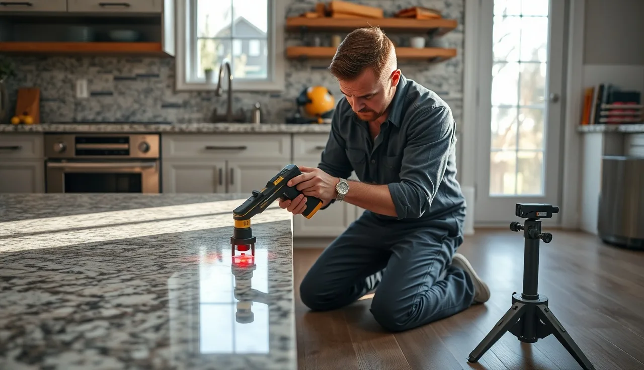 Fabrication technician using laser templating device on kitchen countertop during measurement