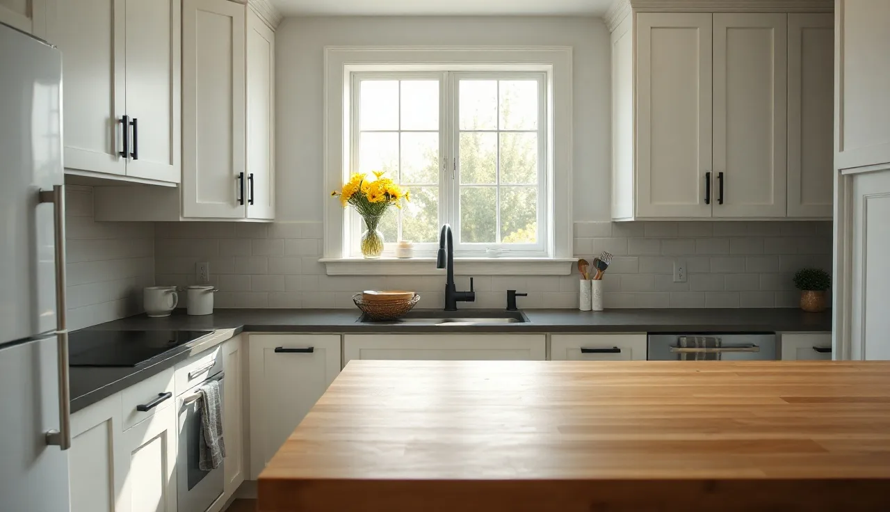 White Shaker kitchen cabinets with warm maple butcher block countertops in natural light