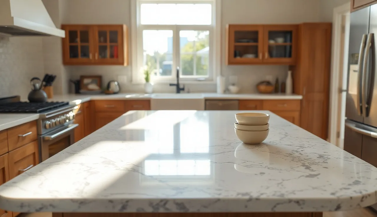 White granite kitchen countertop with natural mineral flecks in morning light