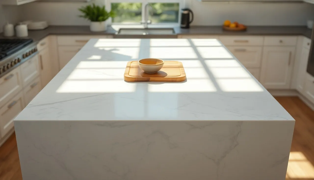 Honed white marble kitchen countertop with grey veining in afternoon sunlight
