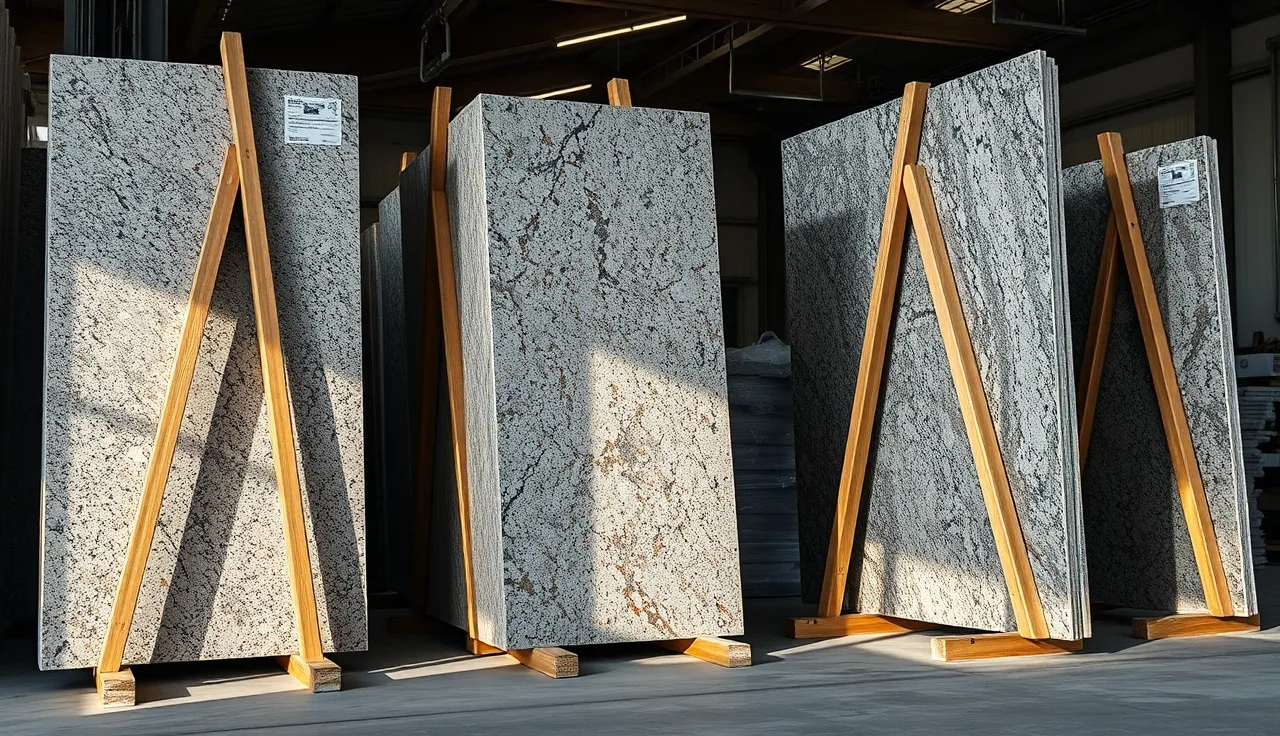 Rows of wholesale granite slabs standing in a stone warehouse on A-frames