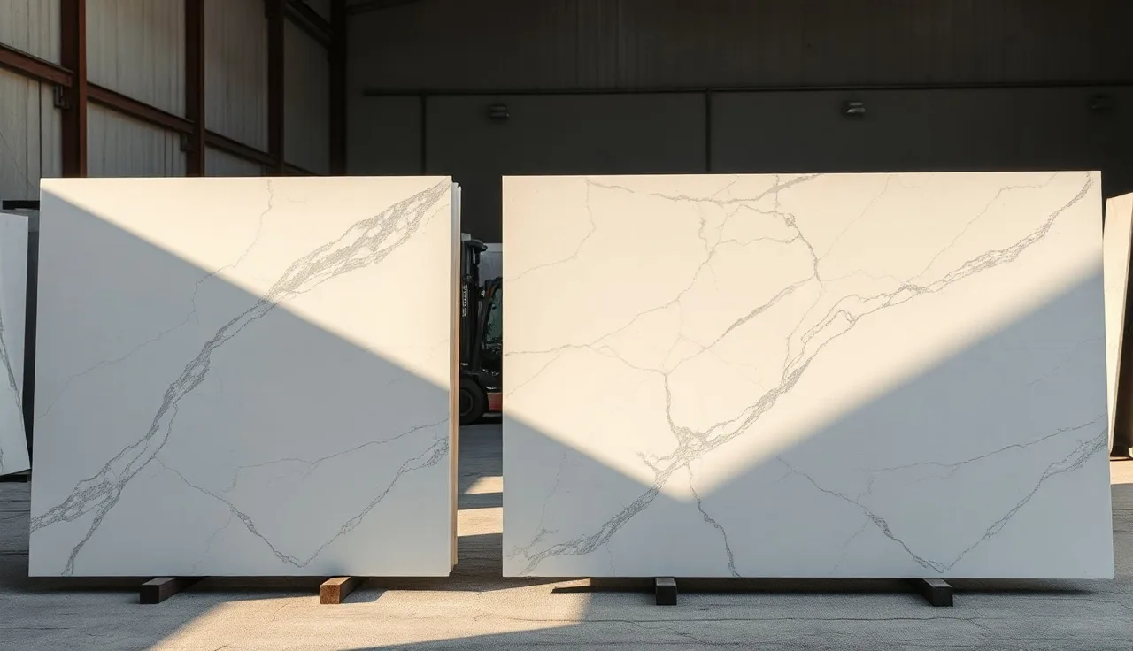 Rows of polished quartz slabs standing in a stone warehouse, wholesale inventory