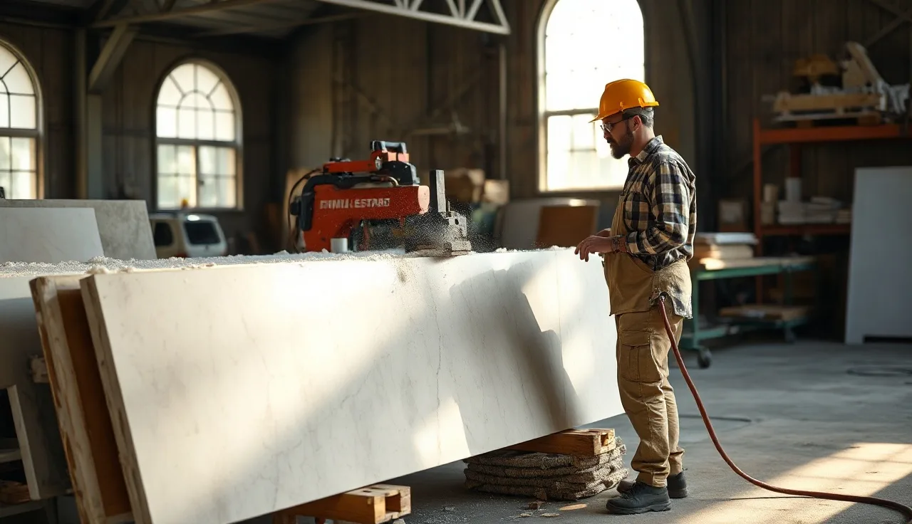 Fabricator cutting a large quartz slab on a bridge saw in a stone shop