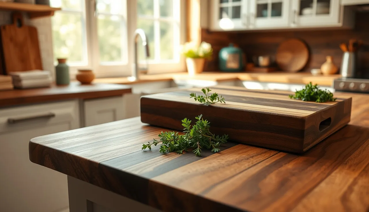 Oiled walnut wood kitchen countertop with fresh herbs in warm afternoon light
